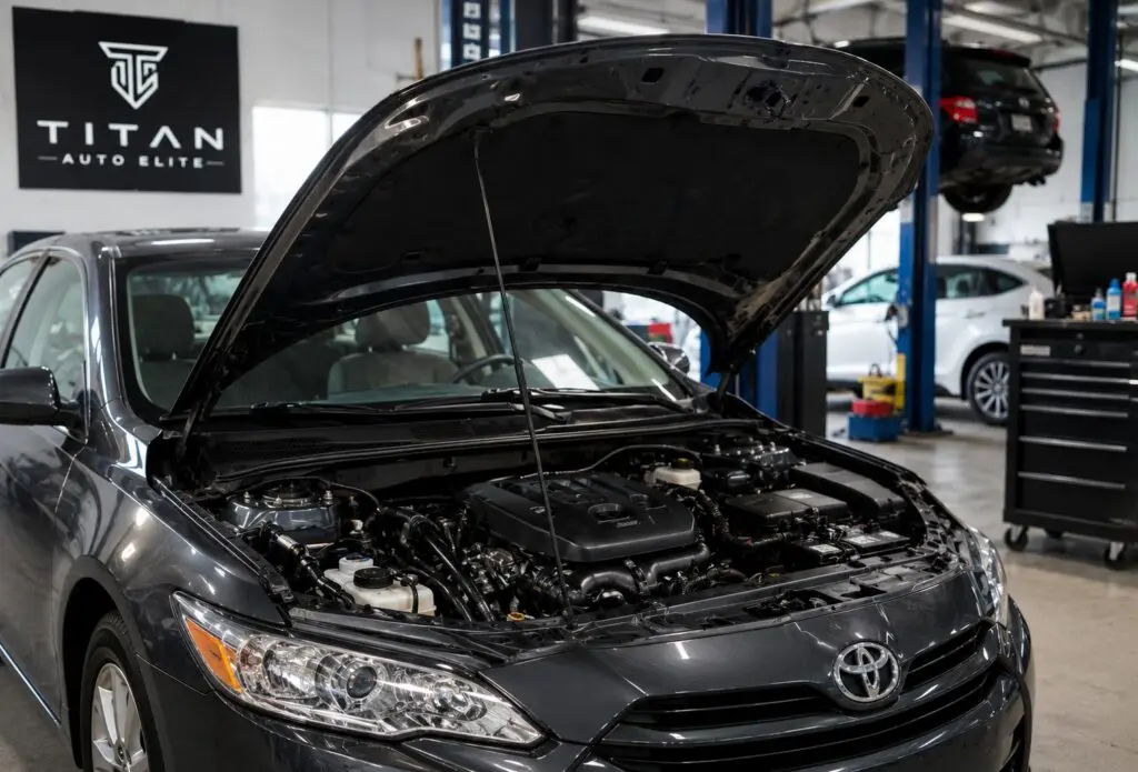 Toyota sedan with open hood undergoing safety inspection at Titan Auto Elite rebuilt title dealership in Phoenix, AZ.