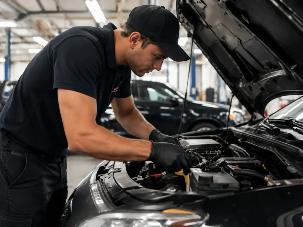 Certified auto mechanic inspecting engine bay for rebuilt title cars and quality used cars in Phoenix, AZ.